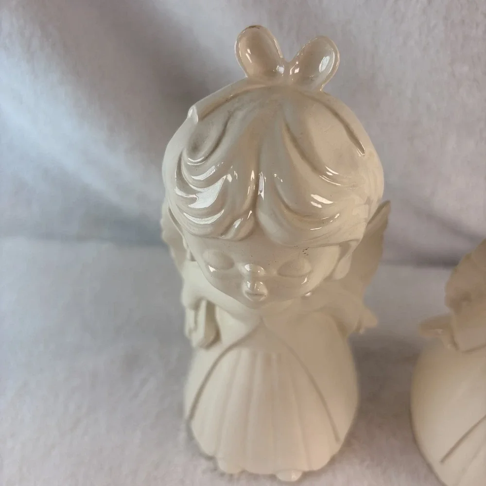 Vintage 70s White Ceramic Kissing Angels Figurine Pair Boy & Girl Cherub Statues